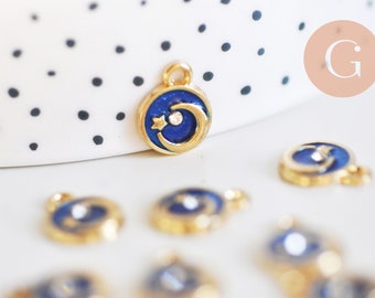 Round pendant moon stars enamel blue zamac gold zircon 13mm, enamelled brass pendant, nickel-free, unit G5917