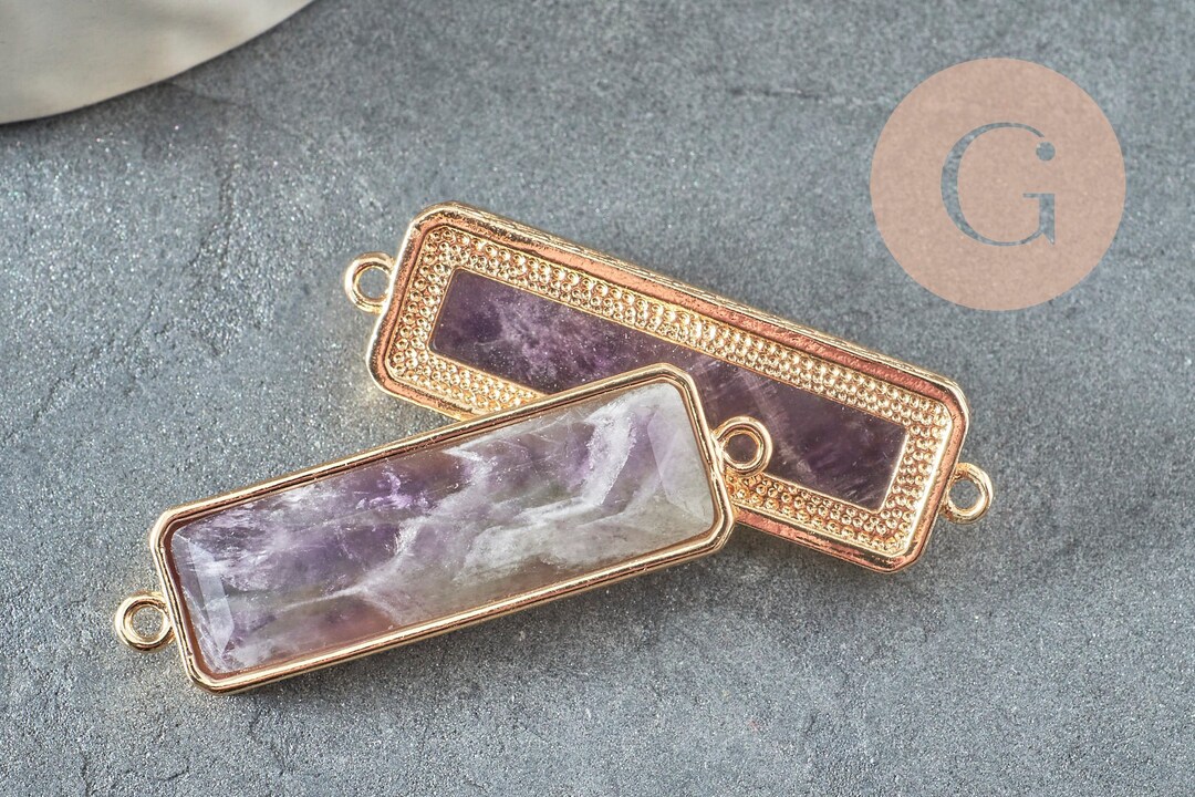 Natural Amethyst Rectangle Connector Pendant in Gold-plated Brass 34mm ...