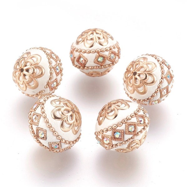 perle indonesienne polymère blanc strass et zamac doré 19.5mm,création bijou ethnique exotique, X1  G5907