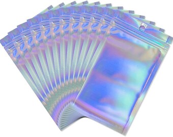 Sacs zippé plastique rectangle gris holographique 10x7cm, sachet cadeau bijoux, X5 G9037