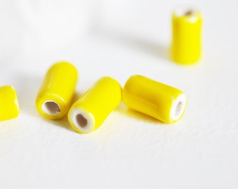 Perle porcelaine jaune vif, perle céramique, porcelaine jaune,perle tube, création bijoux, 10mm, X5 G3197