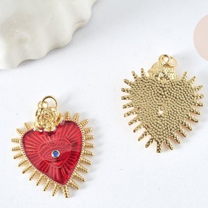 Evil Eye Heart Pendant Dark Red Enamel Gold Brass 30mm, Luck Pendant, X1 G8407