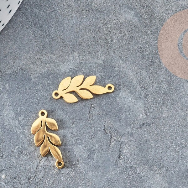 Laurel leaf pendant connector steel 201 stainless steel gold 19.5mm, hypoallergenic steel jewelry X1 G5596