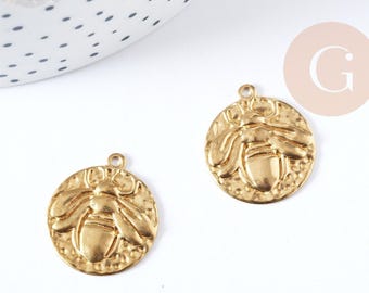 Raw brass bee medal pendant, 20mm, raw brass jewelry creation, x1 G7693