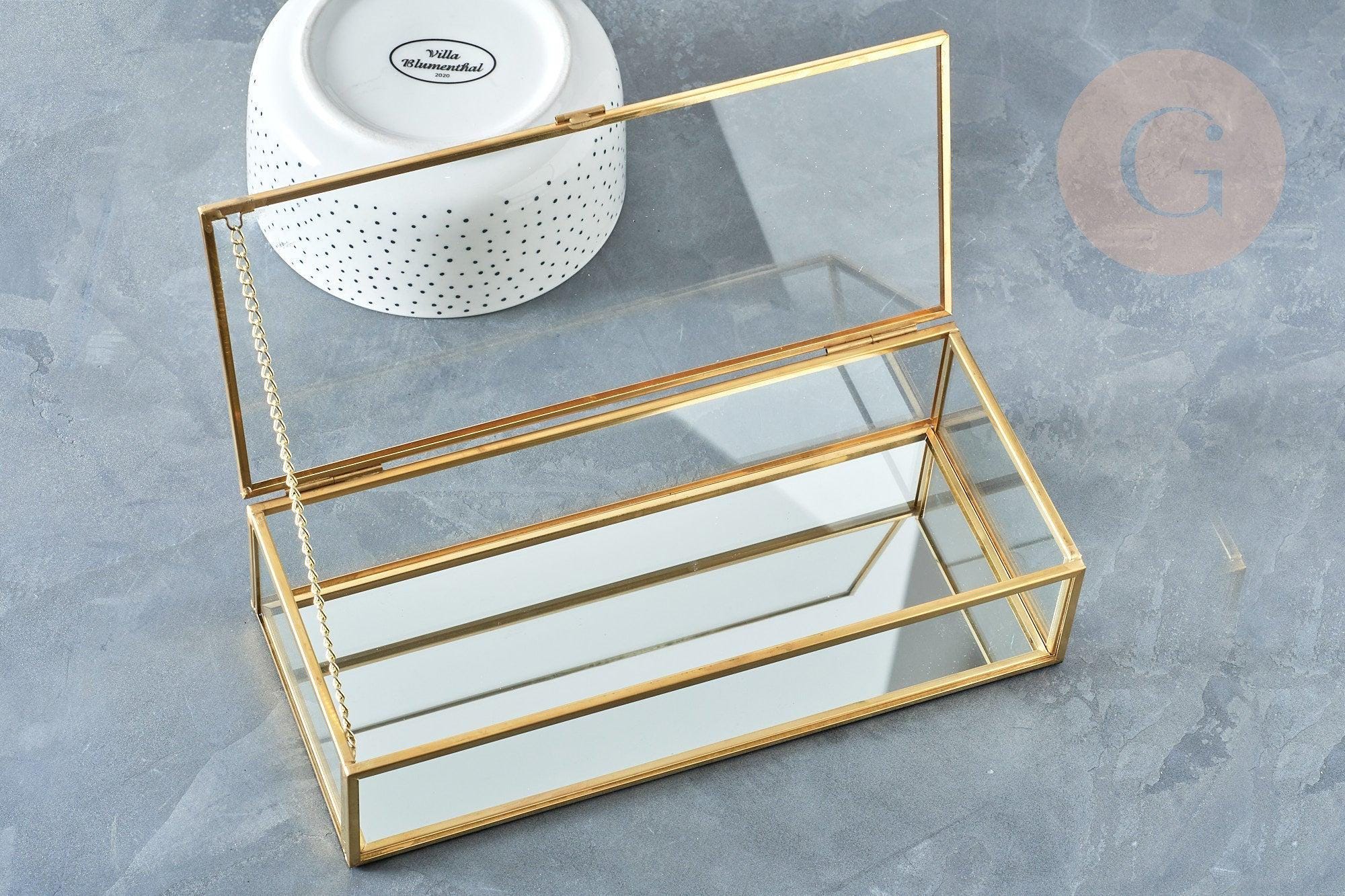 Rectangle gold metal glass jewelry box 23cm, x1 (G8099)
