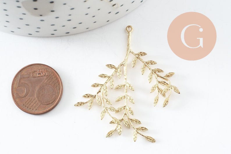 Pendentif branche feuille laiton laiton brut 48mm, x2 (G6584)