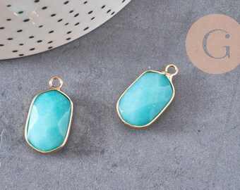 Natural turquoise blue jade hexagon pendant in gold-plated brass, 25mm, x1 (G1166)