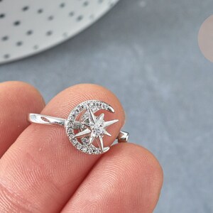 Adjustable Ring Rotatable Moon Star Brass Platinum Zircon White 16.9mm, Thin Ring to Gift, Jewelry to Gift, 16.9mm G8031