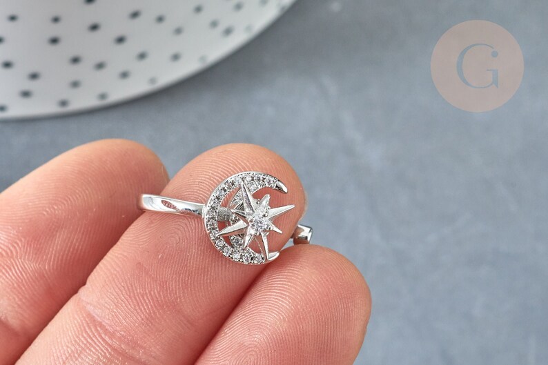 Adjustable Ring Rotatable Moon Star Brass Platinum Zircon White 16.9mm, Thin Ring to Gift, Jewelry to Gift, 16.9mm G8031