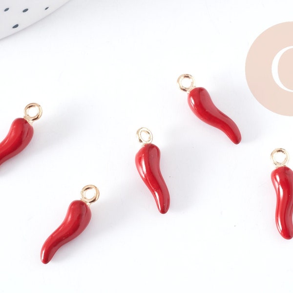 Breloque piment émail rouge zamac doré 21mm, pendentif création bijoux, X5 G8948