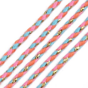 braided cord pink blue coral gold thread 2mm, multicolor scrapbooking cord, decoration rope, length 1 meter G5809