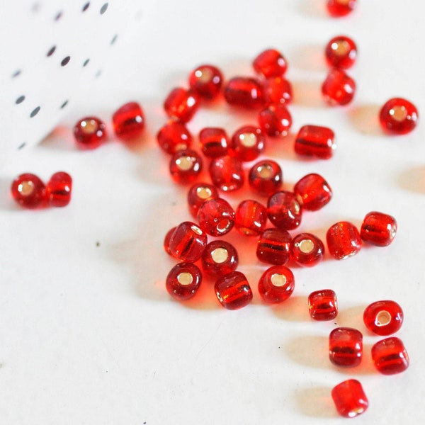 Grosses perles rocaille rouge transparente argent,fournitures pour bijoux, perles rocaille rouge, diamètre 4mm, X10gr G3734