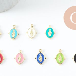 Oval Virgin Mary medal pendant in gold-plated brass, pastel enamel, mixed color, 18.5mm x1 (G2940)