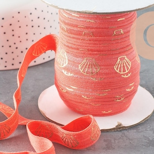 Koraaloranje en goudkleurig elastisch lint EFJF 16 mm, 1 meter (G4899)