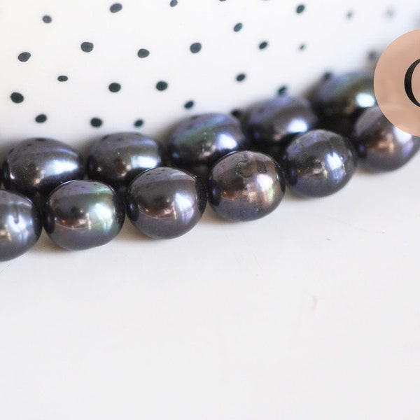 natural black oval pearl 8-10mm, pierced pearl, cultured pearl, freshwater pearl, X1 strand of 15 pearls G6285
