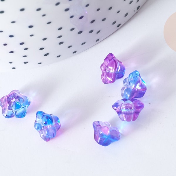 Perle Fleur verre transparent bleu-violet 10mm, perle verre fleur, perle artisanale verre, 20 Perles G7961