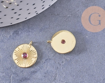 Pendentif médaille ronde soleil laiton doré zircon rouge, un pendentif doré avec cristal pour création bijoux,16.5mm,l'unité,G3473