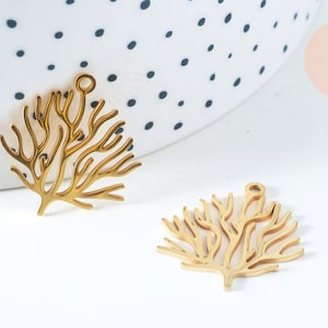 Coral branch pendant 201 stainless steel 18K gold plated 23.5mm, resistant jewelry creation X1 G6337