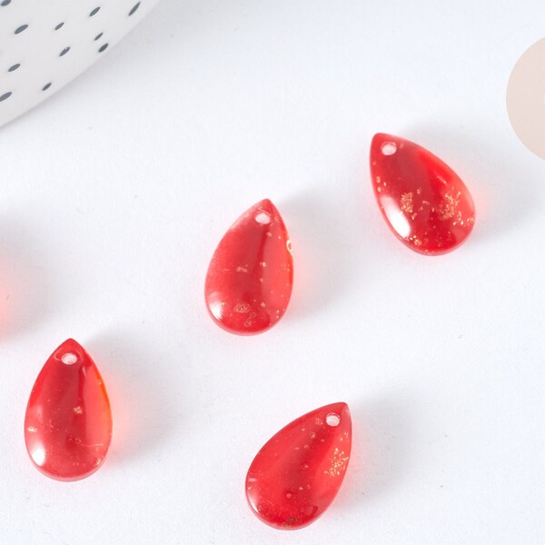 Transparent glass drop beads red golden glitter 14.5mm, pearl, X5 G7297