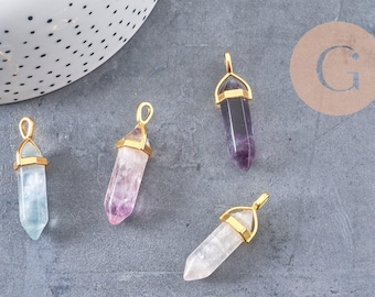 Colgante de punta de fluorita verde púrpura natural, zamac chapado en oro, 40 mm, 1 unidad (G5656)