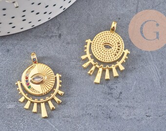 Round eye pendant in 18K gold-plated brass with zircons, 31mm, x1 (G4656)