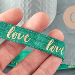 Ruban élastique vert or LOVE EFJF 16mm, x1 mètre (G3759)