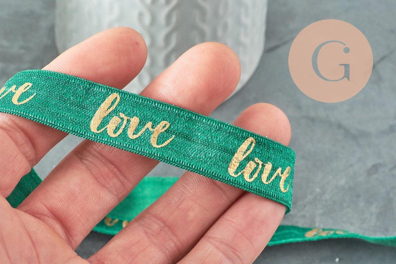 Ruban élastique vert or LOVE EFJF 16mm, x1 mètre (G3759)