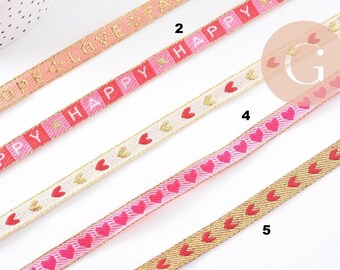 Embroidered ribbon with hearts text, 10mm, x1 meter (G10269)