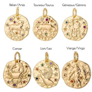 Pendentif rond constellation laiton doré zircons colorés, un pendentif celeste du signe horoscope astrologique,14-15mm