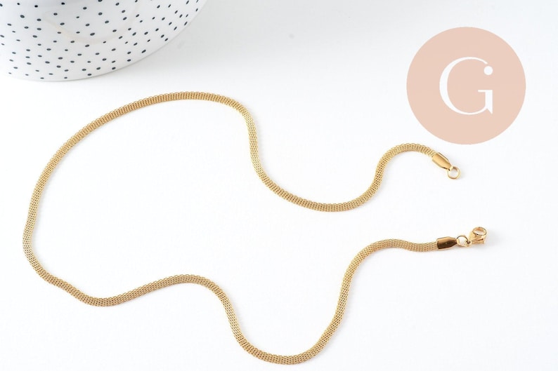 Collier chaine maille complète acier 304 inoxydable dorée 14k 3mm/45cm, x1 (G0580)