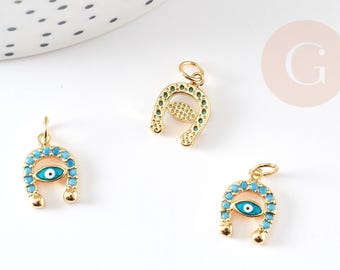 Złoty wisiorek z cyrkonii, kryształowe oko, podkowa, złoty wisiorek, talizman, złocony mosiądz, złe oko, wzór biżuterii, 13 mm, x2 G0297