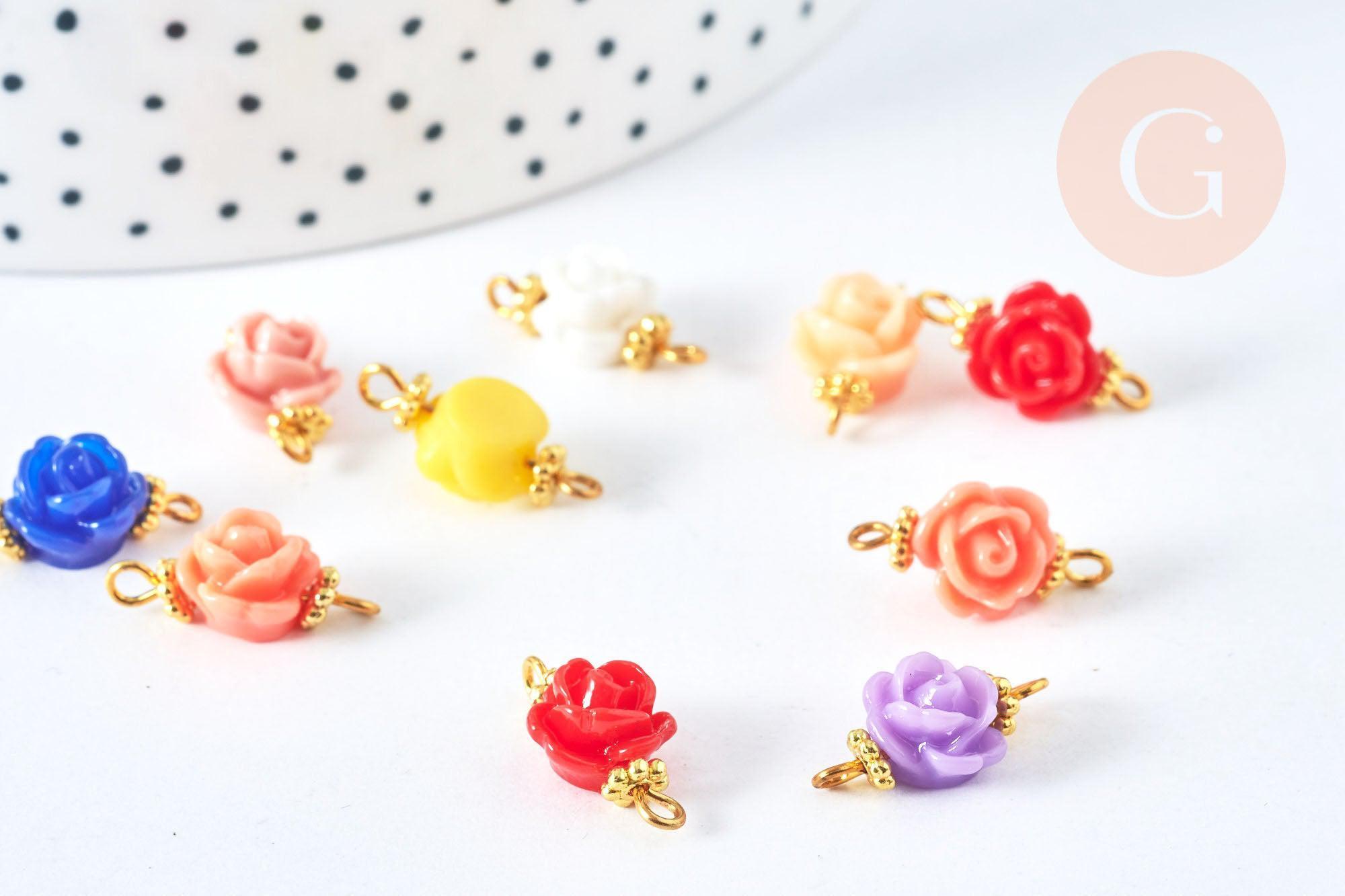 Multicolored resin flower connector in gold-plated brass, 9mm, creation of costume jewelry, epoxy resin flower, X10 (G6941)