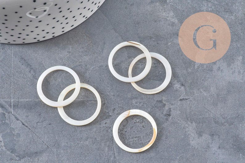 Perle anneau nacre blanche naturelle, perle cercle, coquillage blanc, 25mm, x5 (G2974)