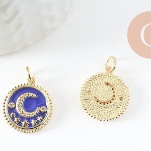 Round moon stars medal pendant blue enamel gold-plated brass zircons, enameled brass pendant, nickel-free, 18mm, x1 (G5270)