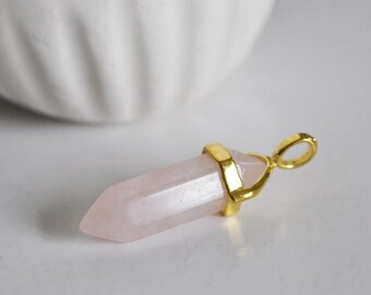 Pendentif quartz rose pointe, fournitures créatives, pierre brute, création bijoux, pendentif pierre,pendentif doré, pierre naturelle-G1649