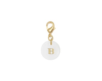 Pendentif charm initiale rond nacre blanche lettre, pendentif alphabet X1 G9397