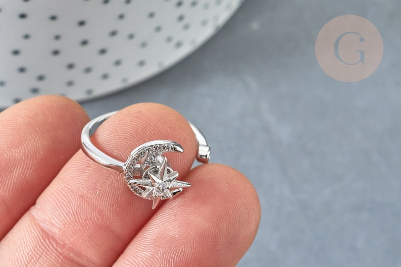 Adjustable Ring Rotatable Moon Star Brass Platinum Zircon White 16.9mm, Thin Ring to Gift, Jewelry to Gift, 16.9mm G8031