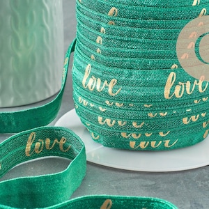 Ruban élastique vert or LOVE EFJF 16mm, x1 mètre (G3759)