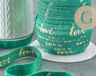 Ruban élastique vert or LOVE EFJF, fabrication bijoux, bracelet EVJF,ruban mariage,fourniture créative,scrapbooking,16mm,1 mètre G3759