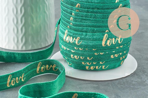 Ruban élastique vert or LOVE EFJF 16mm, x1 mètre (G3759)