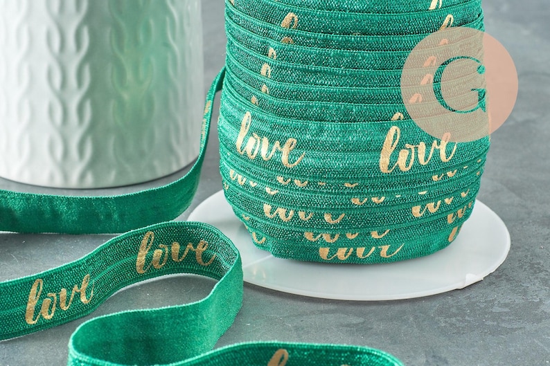 Ruban élastique vert or LOVE EFJF 16mm, x1 mètre (G3759)