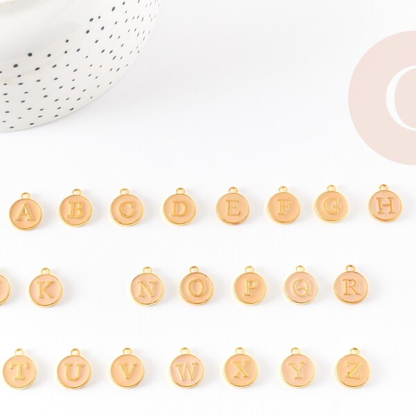 Pendentif rond zamac doré initiale émail beige 14mm, Pendentif femme, métal doré, pendentif initiale,création bijoux,14mm, X1 G3204
