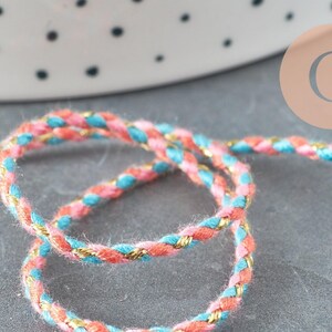 Braided cord in pink, blue, and coral with gold thread, 2mm thick, x1 meter (G5809)