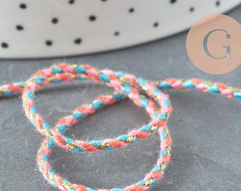 Braided cord in pink, blue, and coral with gold thread, 2mm thick, x1 meter (G5809)