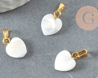 Golden pendants hearts of natural white mother-of-pearl 13mm, X2 G0311