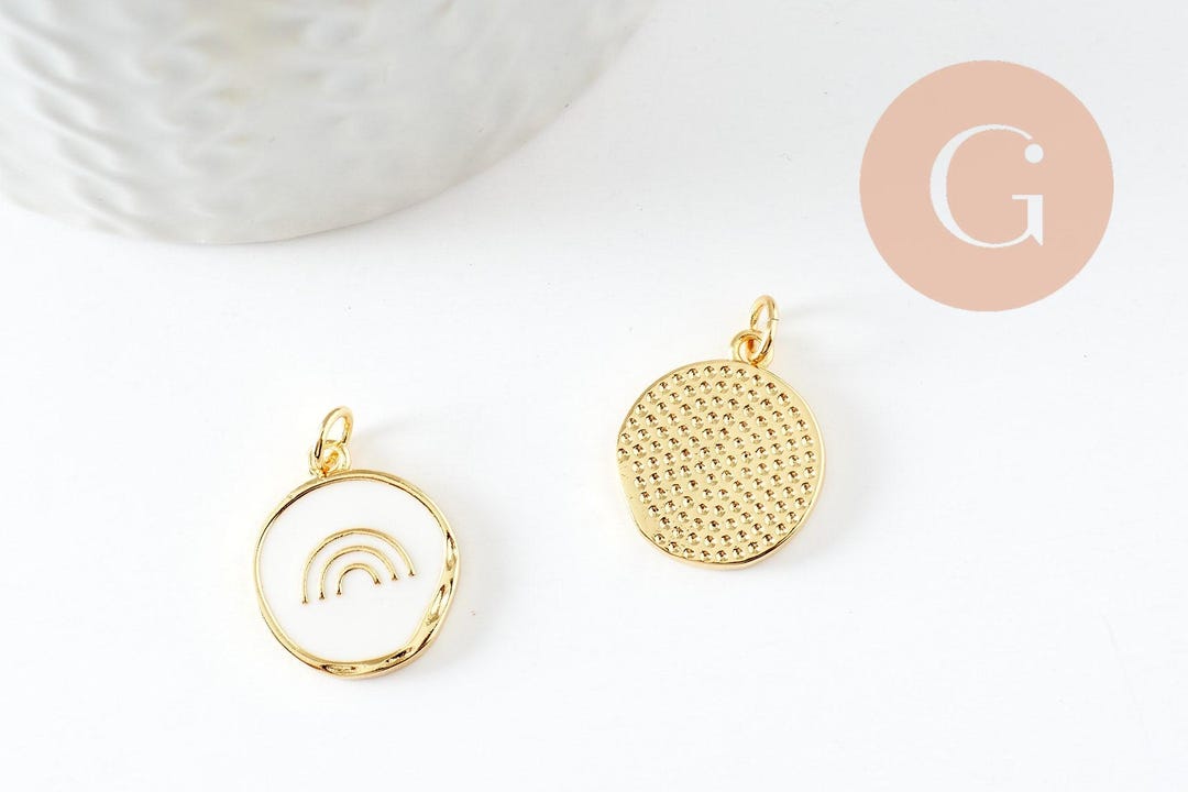 Round Rainbow Medal Pendant White Enamel Goldplated Brass 18mm