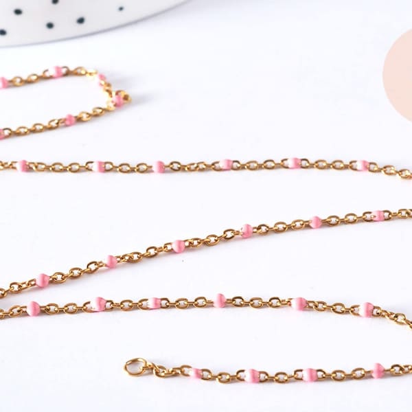 Bracelet ou collier acier doré 14k résine rose,chaine doree, bracelet chaîne fine,1.5mm,20.5cm, X1 G3602