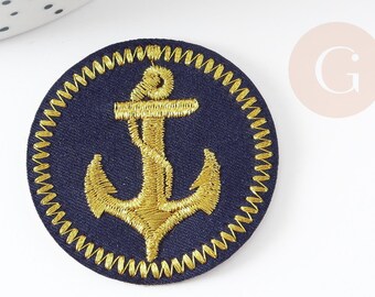 Round embroidered gold marine anchor patch, 45mm, iron-on, x1 (G5072)