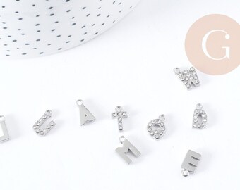 Silver-plated stainless steel 304 letter pendant with white crystal letter, 10mm, x1 (G8932)
