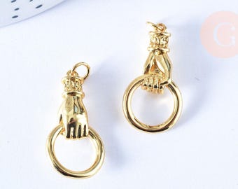 Gold-plated brass hand and fist charm, 28mm, Pendant for jewelry making, x1 G7125